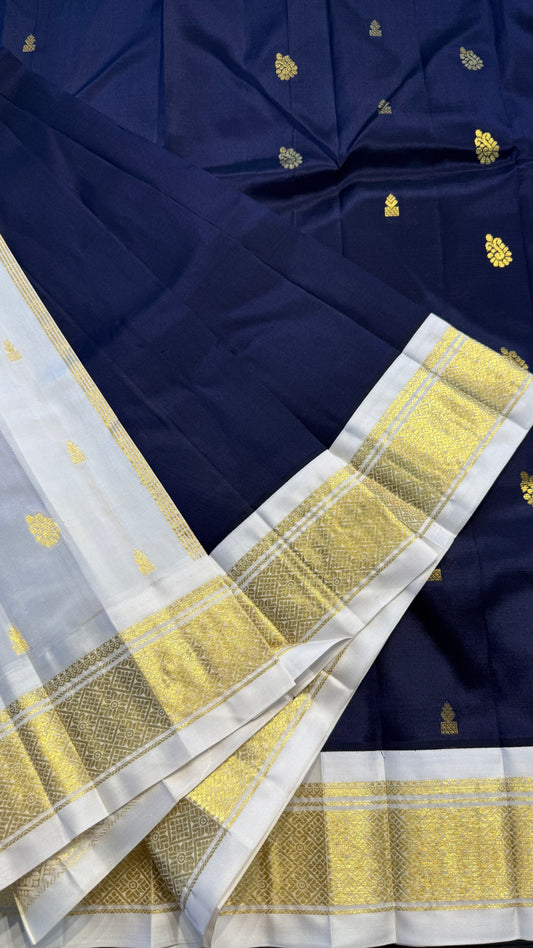 NAVY BLUE WITH CONTRAST GOLD PURE HANDLOOM KANCHIPURAM SINGLE SIDE BORDER SILK SAREE (KSSB20)