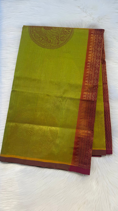 BORDERLESS OLIVE GREEN WITH CONTRAST MAROON KANCHIPURAM SILK COTTON (KSC62)