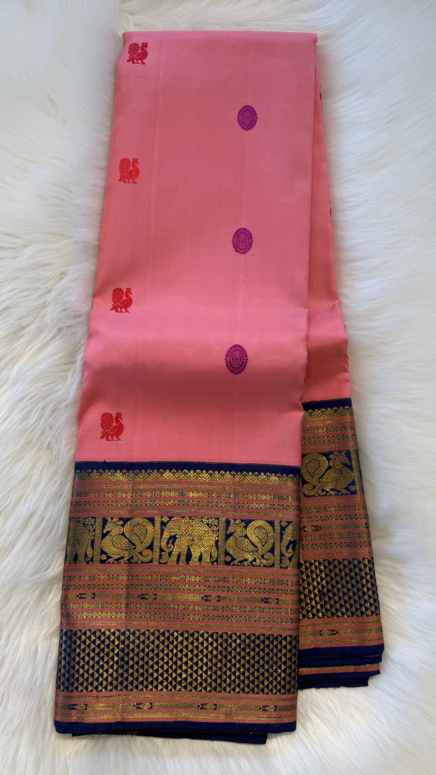 BRIGHT GUAVA PINK WITH CONTRAST BLUE GOLD ZARI HANDLOOM KANCHIPURAM SILK SAREE (KSS482)