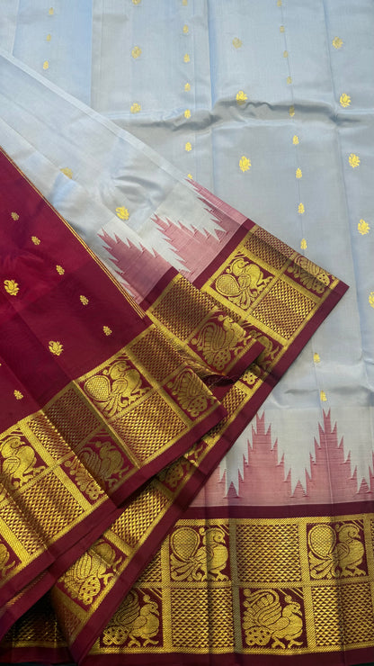 WHITE WITH CONTRAST MAROON PURE HANDLOOM KANCHIPURAM SINGLE SIDE BORDER SILK SAREE (KSSB34)