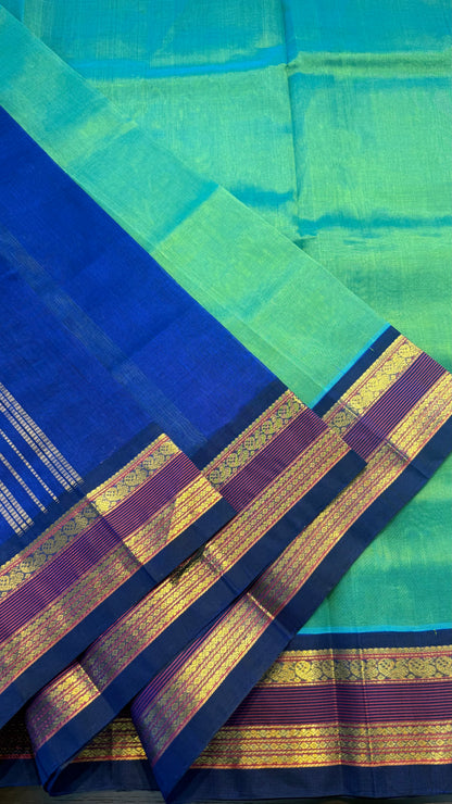 PEACOCK GREEN WITH BLUE HANDLOOM KANCHIPURAM SILK COTTON (KSC67)
