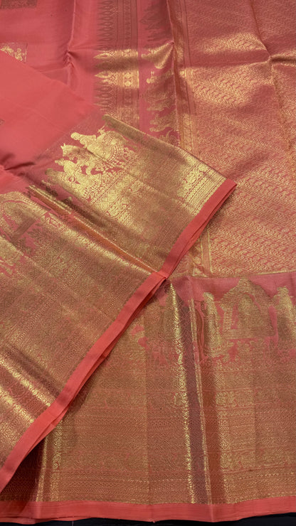 PEACH ORANGE PURE KANCHIPURAM HANDLOOM SILK SAREE SILK(KSS581)