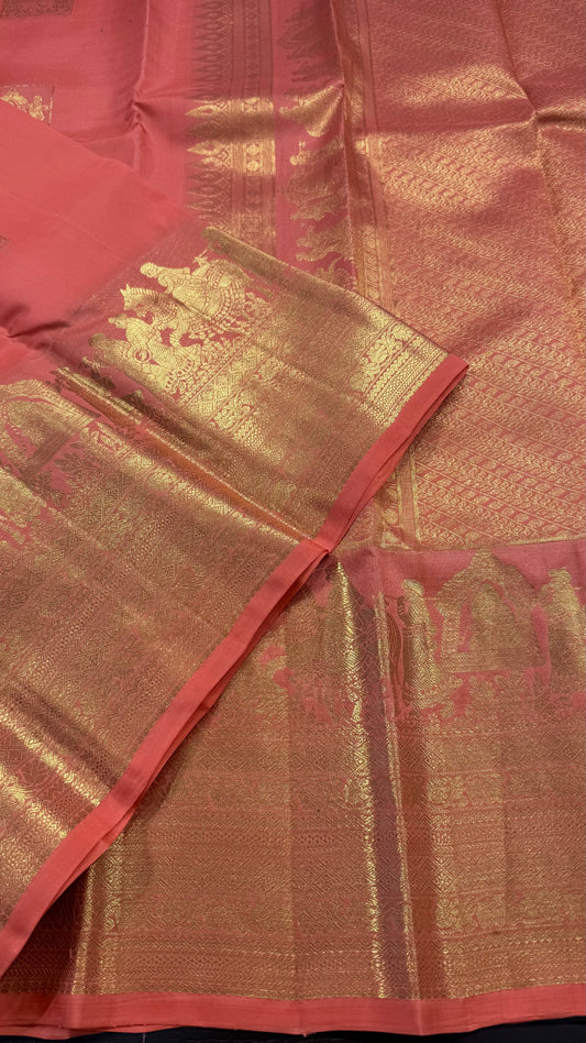 PEACH ORANGE PURE KANCHIPURAM HANDLOOM SILK SAREE SILK(KSS581)