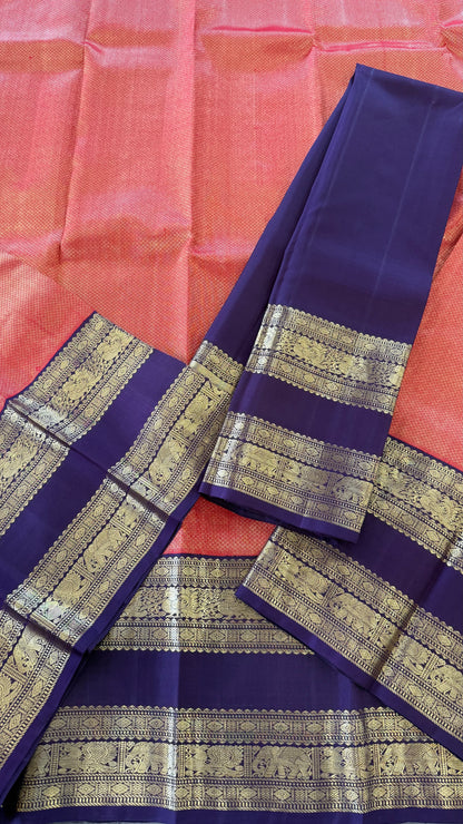 RUST ORANGE WITH CONTRAST DEEP PURPLE GOLD ZARI HANDLOOM KANICHIPURAM SILK SAREE (KSS139)