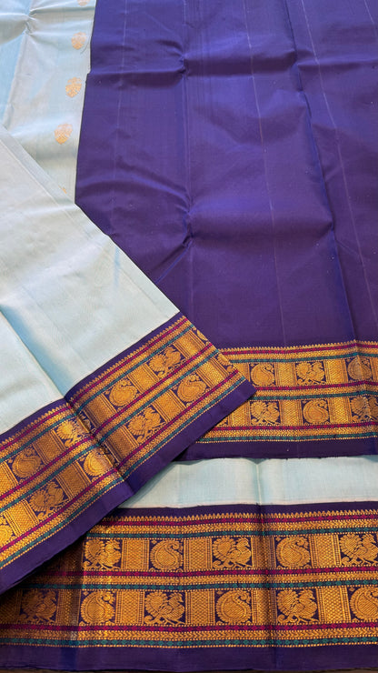 SKY BLUE WITH CONTRAST INDIGO PURPLE GOLD ZARI HANDLOOM KANCHIPURAM SILK SAREE (KSS473)