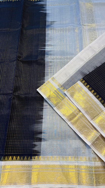 DARK PURPLE WITH CREAM HANDLOOM KANCHIPURAM SILK COTTON (KSC75)