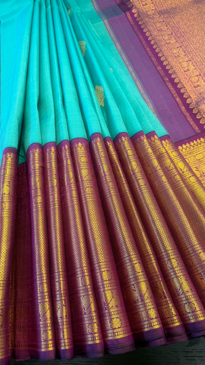 BRIGHT TEAL WITH CONTRAST PURPLE GOLD ZARI HANDLOOM KANCHIPURAM SILK SAREE (KSS483)