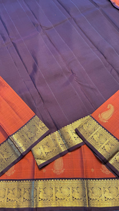 RUST ORANGE WITH CONTRAST DEEP BROWN GOLD ZARI HANDLOOM KANICHIPURAM SILK SAREE (KSS196)