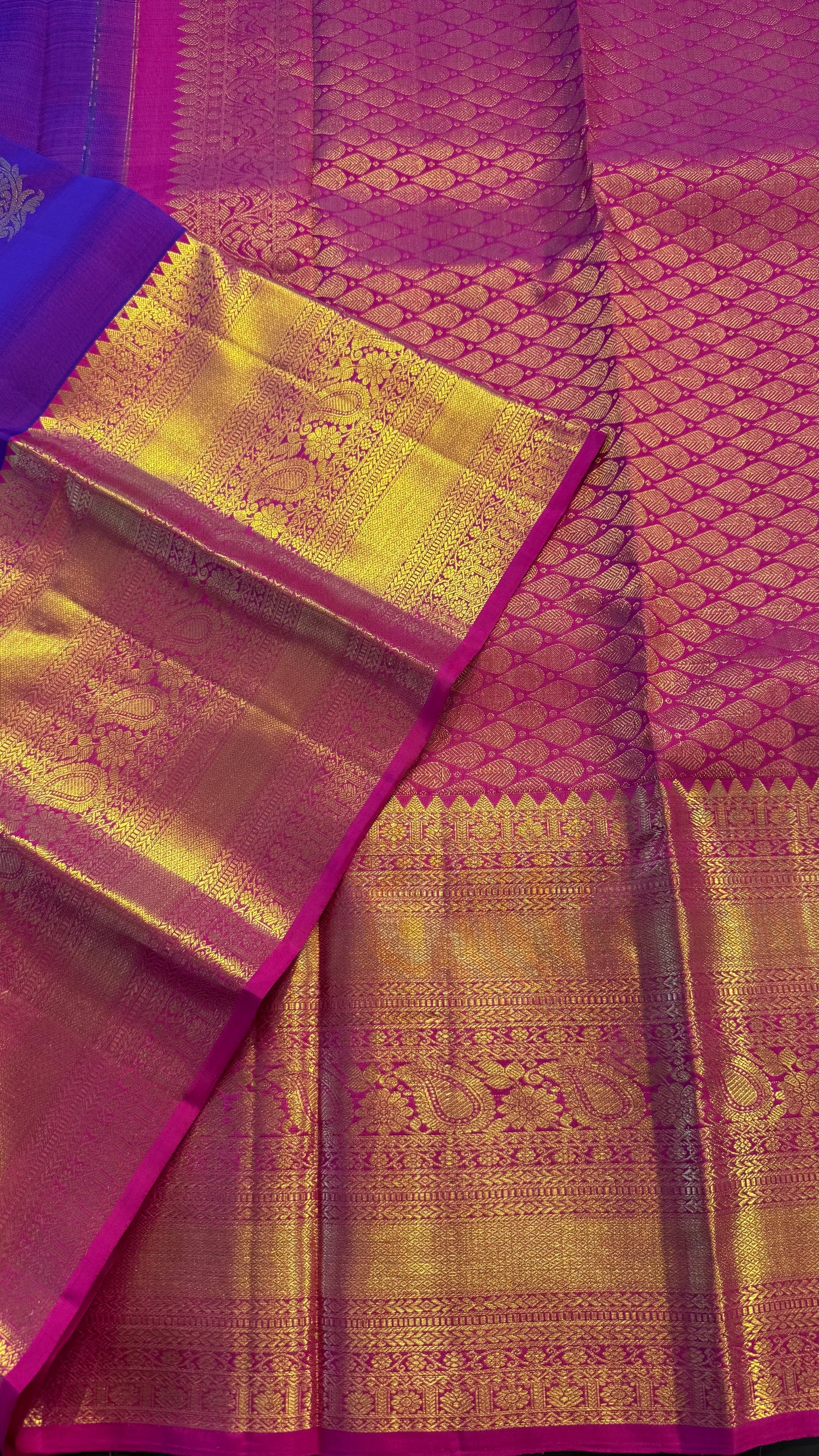 VADAMALLI PURPLE WITH CONTRAST RANI PINK GOLD ZARI HANDLOOM KANCHIPURAM SILK SAREE (KSS413)