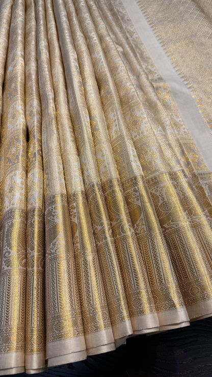 OFF WHITE CHECKED GOLD ZARI HANDLOOM KANCHIPURAM SILK SAREE (KSS470)