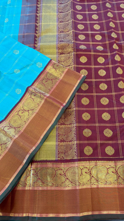 TURQUOISE BLUE CHECKED WITH CONTRAST MAROON GOLD ZARI HANDLOOM KANCHIPURAM SILK SAREE (KSS299)