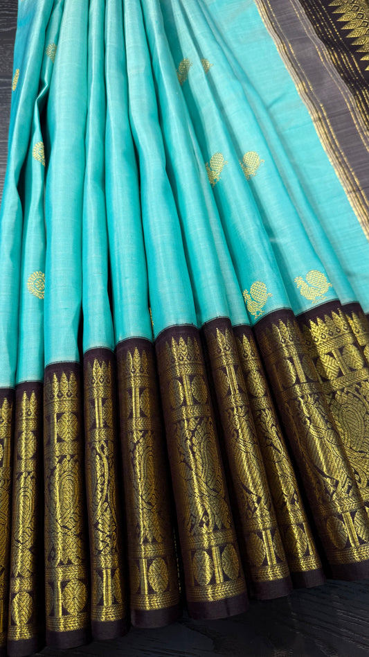 MINT GREEN WITH CONTRAST DARK BROWN BORDER PURE HANDLOOM KANCHIPURAM SILK SAREE (KSS491)