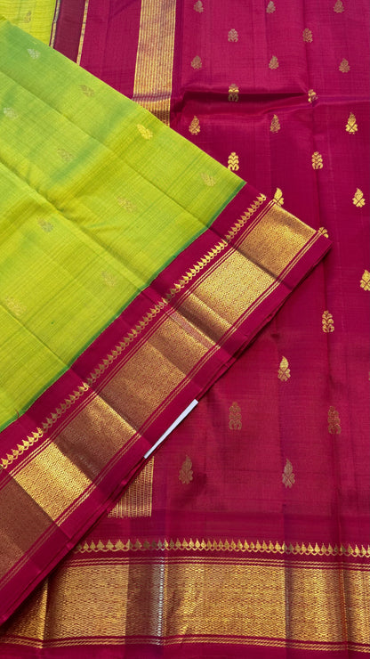 PARROT GREEN WITH CONTRAST RED PURE HANDLOOM KANCHIPURAM SINGLE SIDE BORDER SILK SAREE (KSSB14)