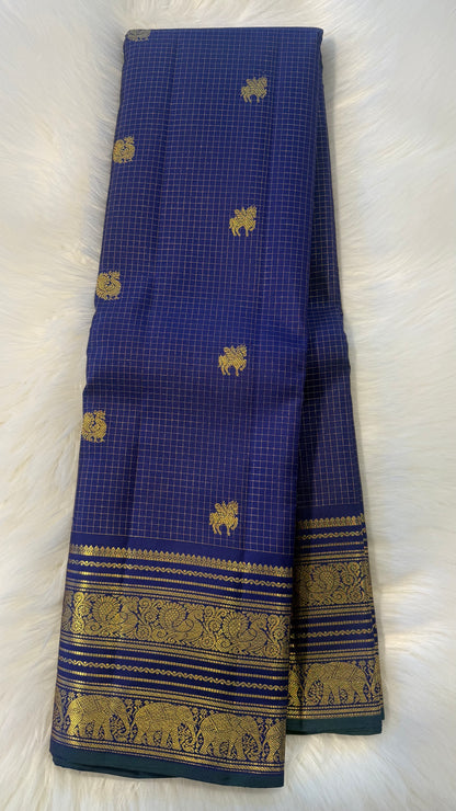 VAIRA OOSI COBALT BLUE SMALL KATTAM GOLD ZARI PURE HANDLOOM KANCHIPURAM SILK SAREE (KSS 489)