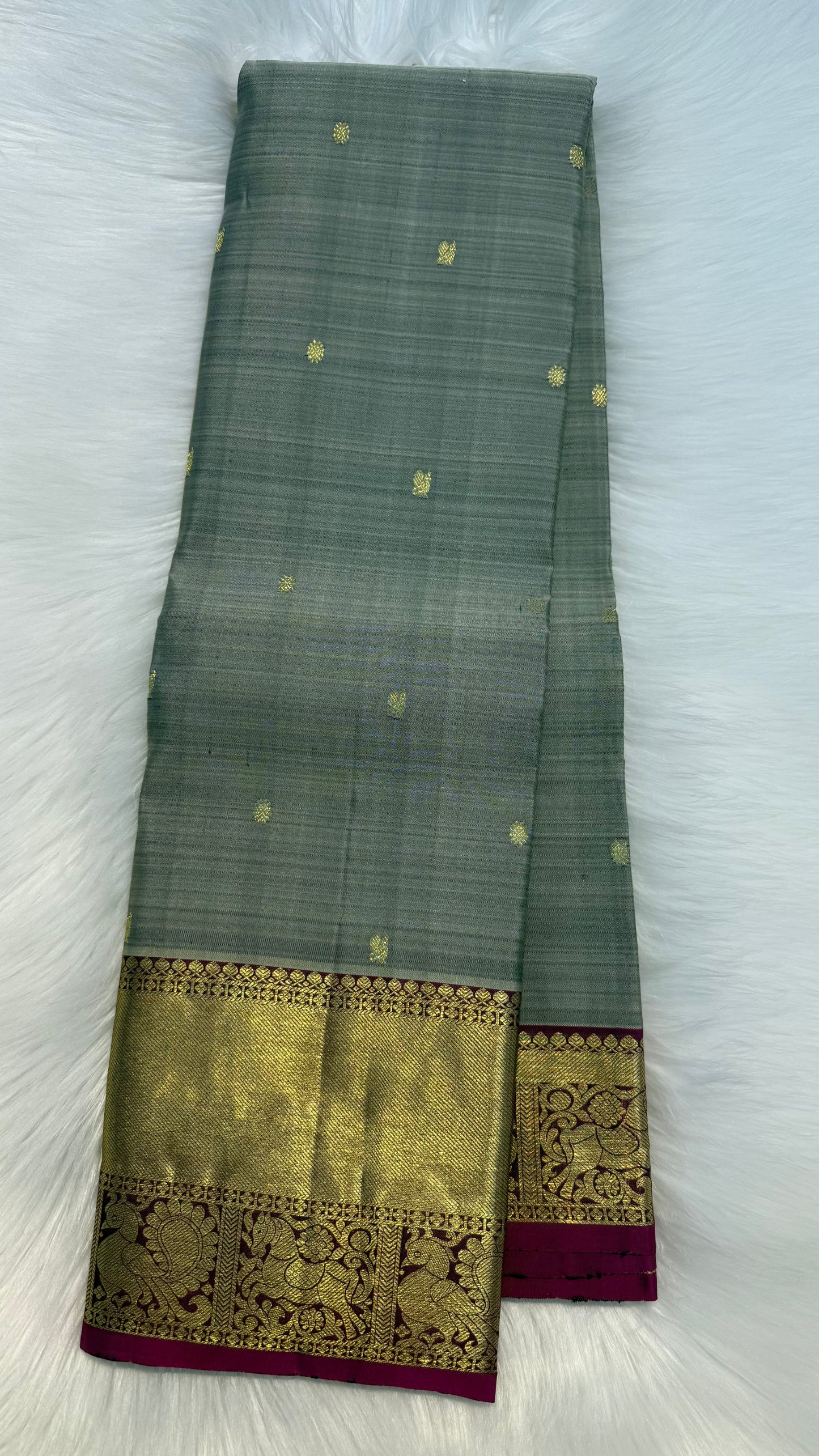 GREY WITH CONTRAST PINK GOLD ZARI HANDLOOM KANCHIPURAM SILK SAREE (KSS335)