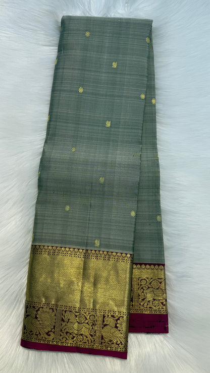 GREY WITH CONTRAST PINK GOLD ZARI HANDLOOM KANCHIPURAM SILK SAREE (KSS335)