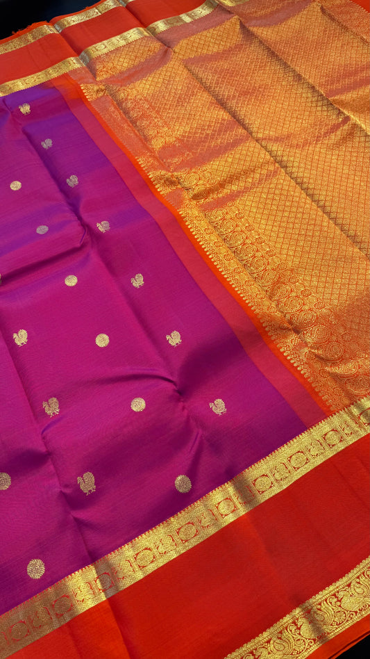 VADAMALLI PURPLE WITH CONTRAST ORANGE GOLD ZARI HANDLOOM KANCHIPURAM SILK SAREE (KSS419)