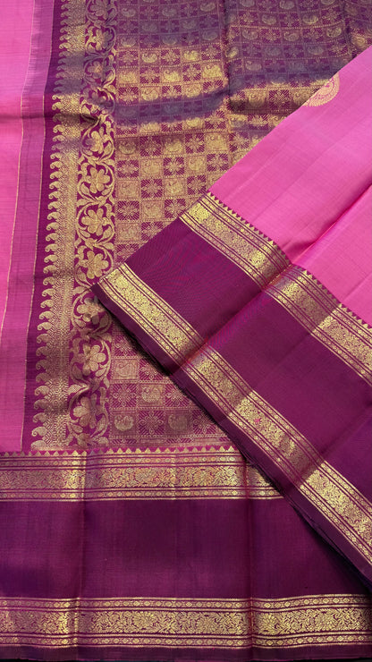 STRAWBERRY PINK WITH CONTRAST BURGUNDY KANCHIPURAM HANDLOOM SILK SAREE (KSS350)