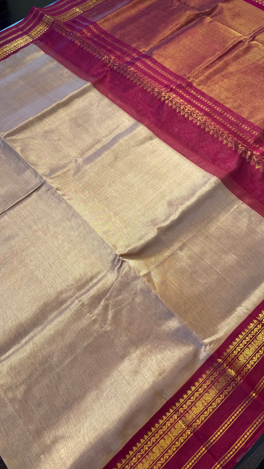 LIGHT BROWN WITH MAROON HANDLOOM KANCHIPURAM SILK COTTON (KSC110)