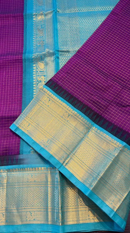 CHECKED PALATINATE PURPLE WITH CONTRAST TURQUOISE KANCHIPURAM SILK COTTON (KSC144)