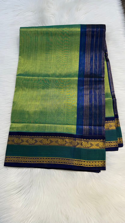 PARROT GREEN WITH DUAL TONE BLUE HANDLOOM KANCHIPURAM SILK COTTON (KSC13)