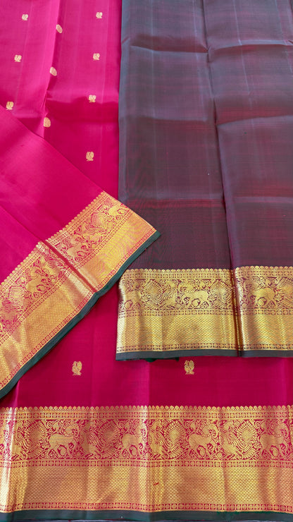 RED CONTRAST DUAL TONE GREEN HANDLOOM KANICHIPURAM SILK SAREE (KSS197)