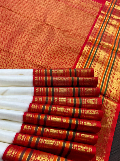 CLASSIC WHITE & RED PURE KANCHIPURAM HANDLOOM SILK SAREE (KSS701)