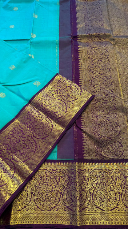 BRIGHT TEAL WITH CONTRAST PURPLE GOLD ZARI HANDLOOM KANCHIPURAM SILK SAREE (KSS478)