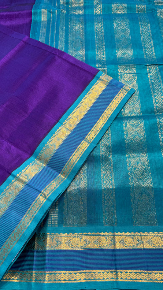 PURPLE WITH DUAL TURQUOISE HANDLOOM KANCHIPURAM SILK COTTON (KSC69)