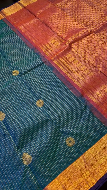 PEACOCK BLUE CONTRAST PURPLE GOLD ZARI HANDLOOM KANCHIPURAM SILK SAREE (KSS435)