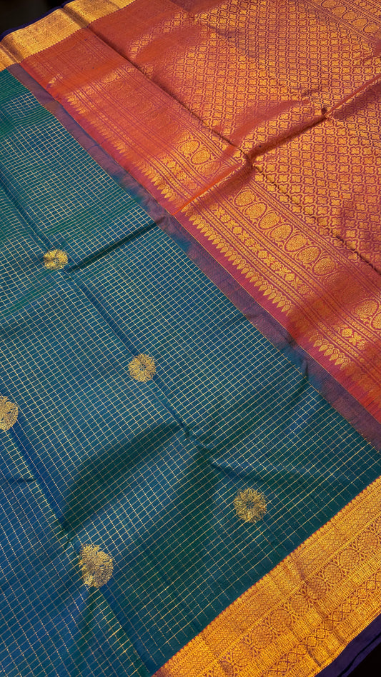 PEACOCK BLUE CONTRAST PURPLE GOLD ZARI HANDLOOM KANCHIPURAM SILK SAREE (KSS435)
