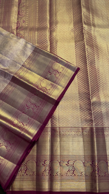 GOLDEN WITH CONTRAST MAGENTA PINK GOLD ZARI HANDLOOM KANCHIPURAM SILK SAREE (KSS444)