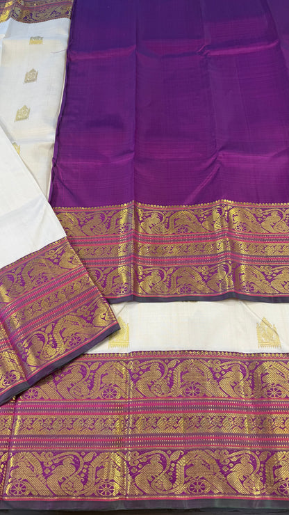 CREAM WITH CONTRAST PURPLE GOLD ZARI HANDLOOM KANCHIPURAM SILK SAREE (KSS462)