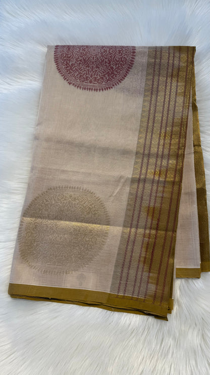 OFF WHITE WITH DARK GOLD  HANDLOOM KANCHIPURAM SILK COTTON (KSC61)