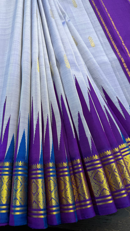 LILAC WITH CONTRAST PURPLE AND BLUE PURE HANDLOOM KANCHIPURAM SINGLE SIDE BORDER SILK SAREE (KSSB31)