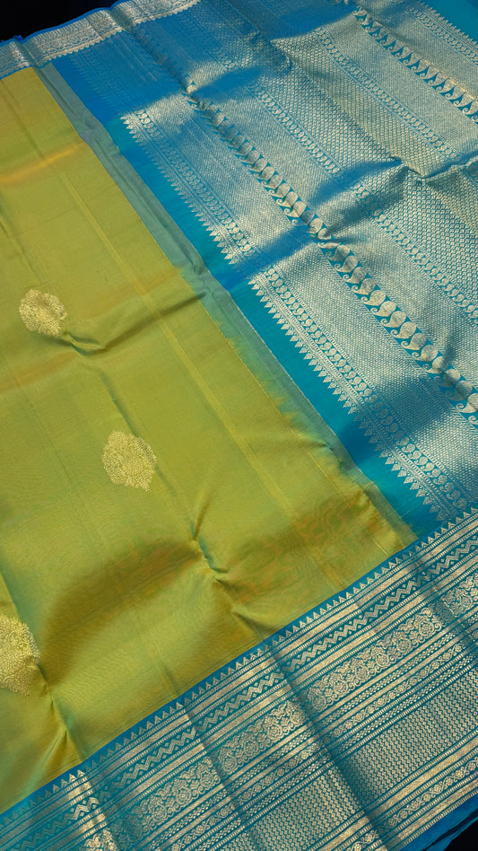 PARROT GREEN WITH TURQUOISE BLUE CONTRAST HANDLOOM KANICHIPURAM SILK SAREE (KSS433)