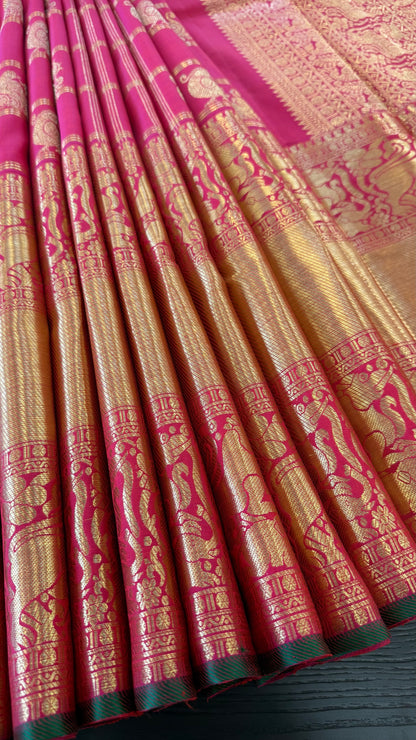 DUAL TONE PINK CHECKED GOLD ZARI HANDLOOM KANICHIPURAM SILK SAREE (KSS274)