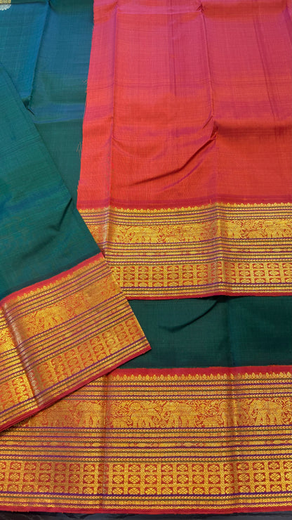 BOTTLE GREEN WITH CONTRAST KANAKABARAM GOLD ZARI HANDLOOM KANICHIPURAM SILK SAREE (KSS476)