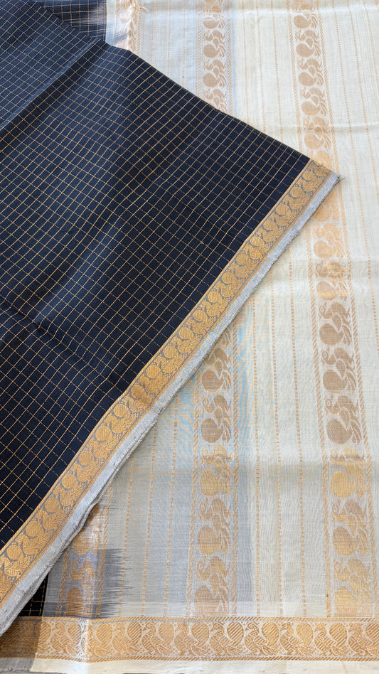 CHECKED BLACK WITH CREAM HANDLOOM KANCHIPURAM SILK COTTON (KSC25)