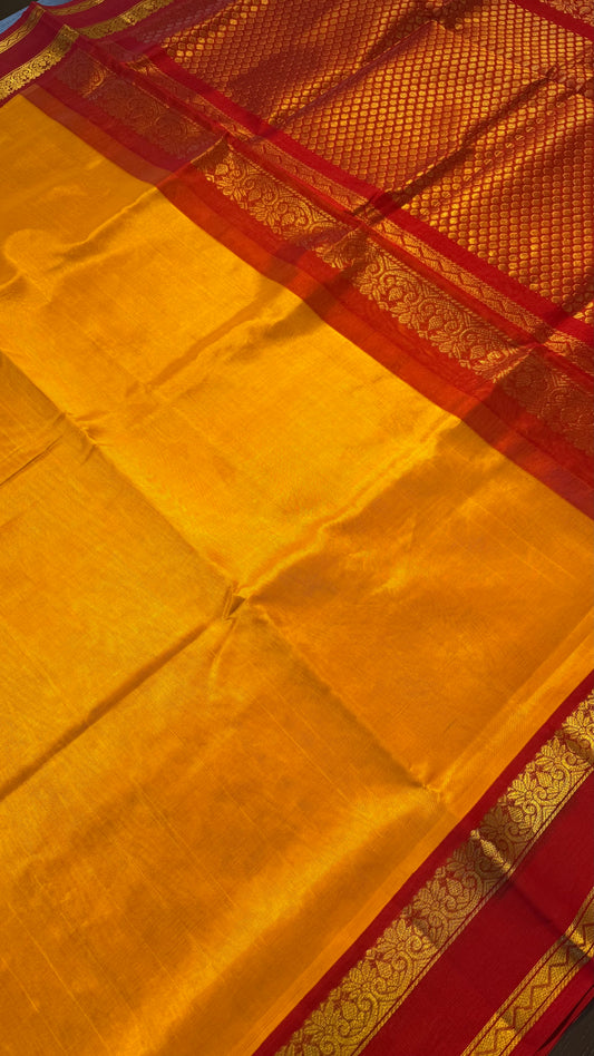 MUSTARD YELLOW WITH RED HANDLOOM KANCHIPURAM SILK COTTON (KSC108)