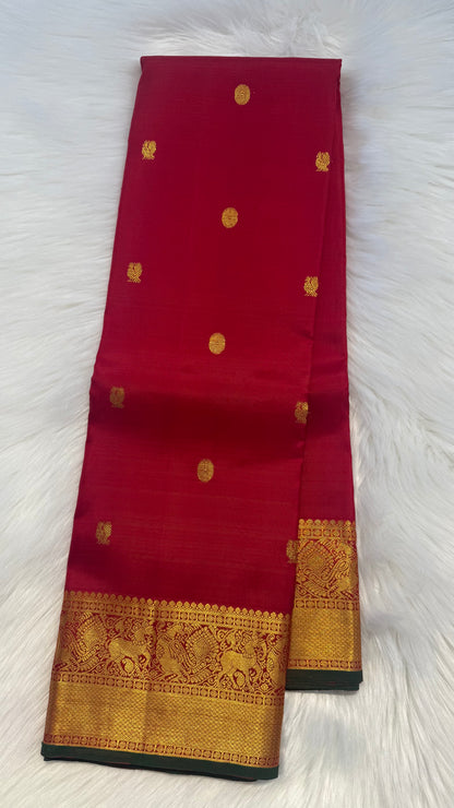 RED CONTRAST DUAL TONE GREEN HANDLOOM KANICHIPURAM SILK SAREE (KSS197)