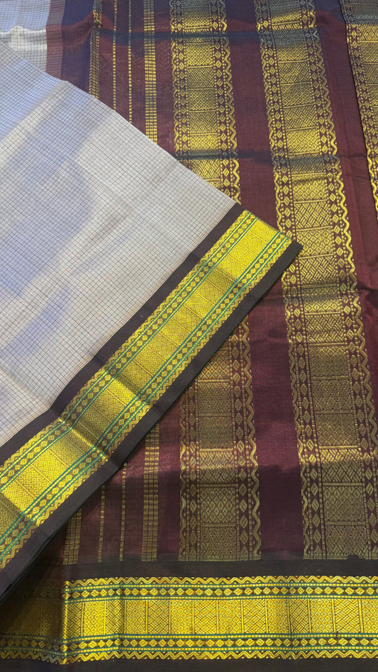 CHECKED COFFEE & DARK BROWN DUAL TONE KANCHIPURAM HANDLOOM SILK COTTON SAREE(KSC23)