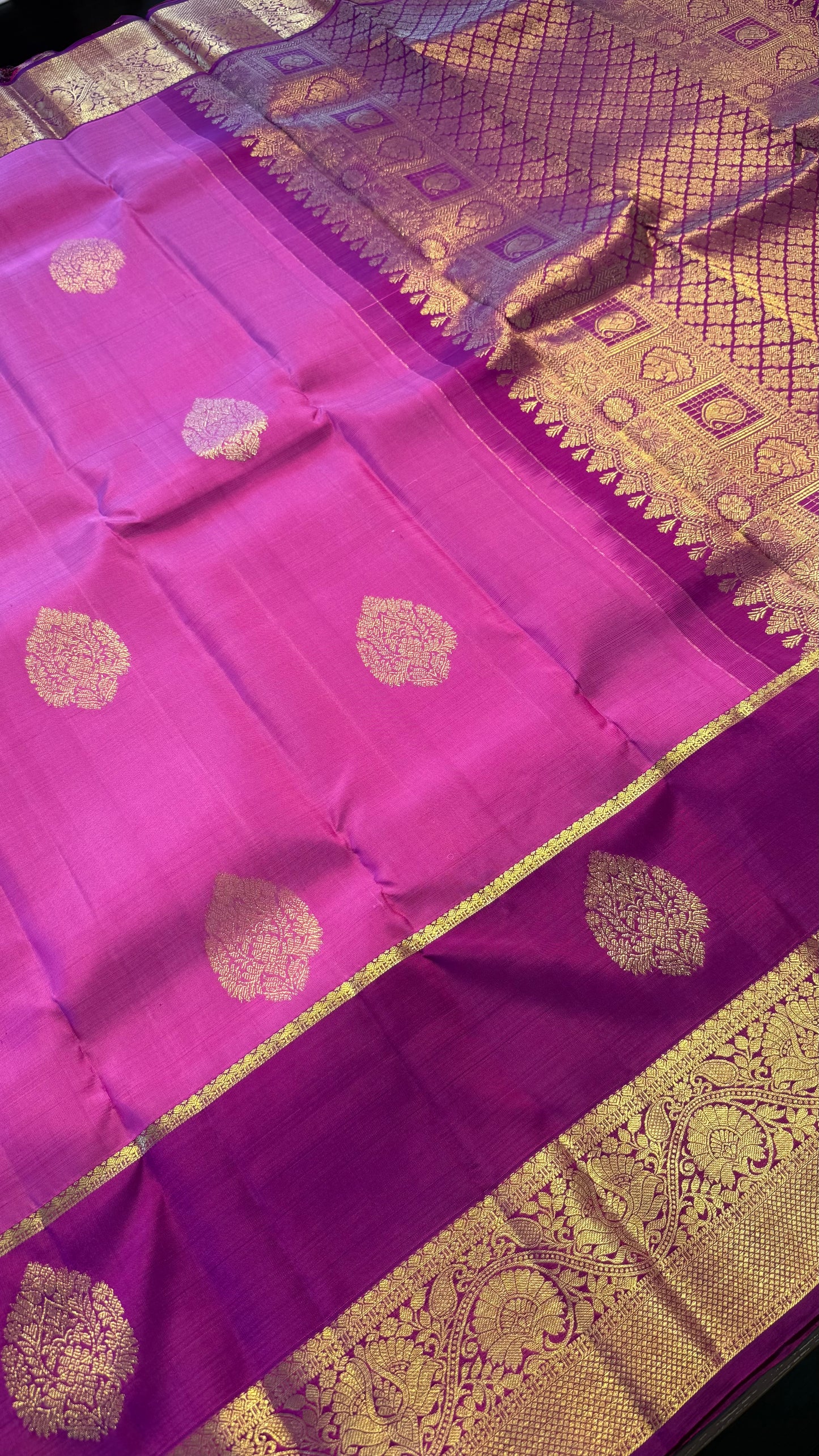 STRAWBERRY PINK WITH CONTRAST VADAMALLI PURPLE KANCHIPURAM HANDLOOM SILK SAREE (KSS431)