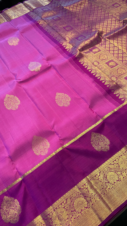 STRAWBERRY PINK WITH CONTRAST VADAMALLI PURPLE KANCHIPURAM HANDLOOM SILK SAREE (KSS431)
