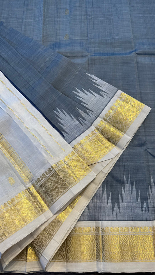 GREY WITH CONTRAST WHITE PURE HANDLOOM KANCHIPURAM SINGLE SIDE BORDER SILK SAREE (KSSB26)