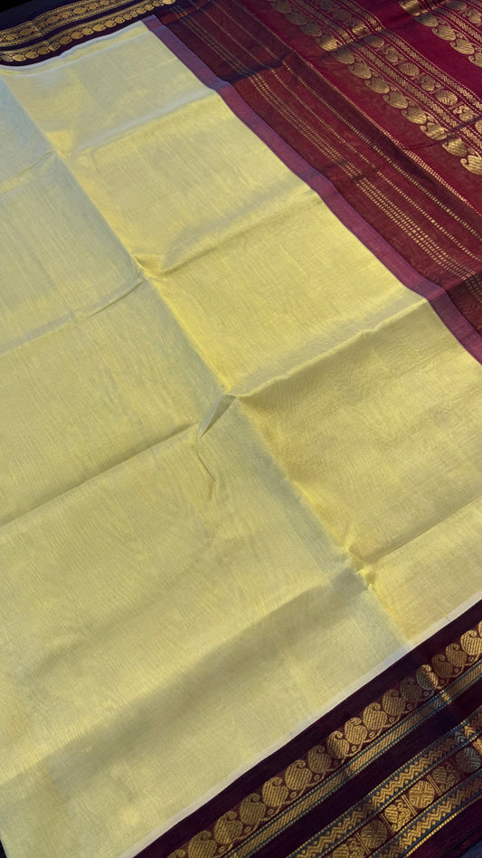 LIME YELLOW WITH MAROON HANDLOOM KANCHIPURAM SILK COTTON (KSC122)