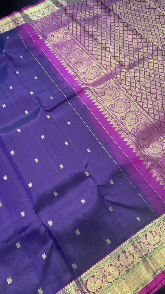 ROYAL PURPLE WITH CONTRAST VADAMALI PURPLE BORDER GOLD ZARI HANDLOOM KANICHIPURAM SILK SAREE (KSS367)