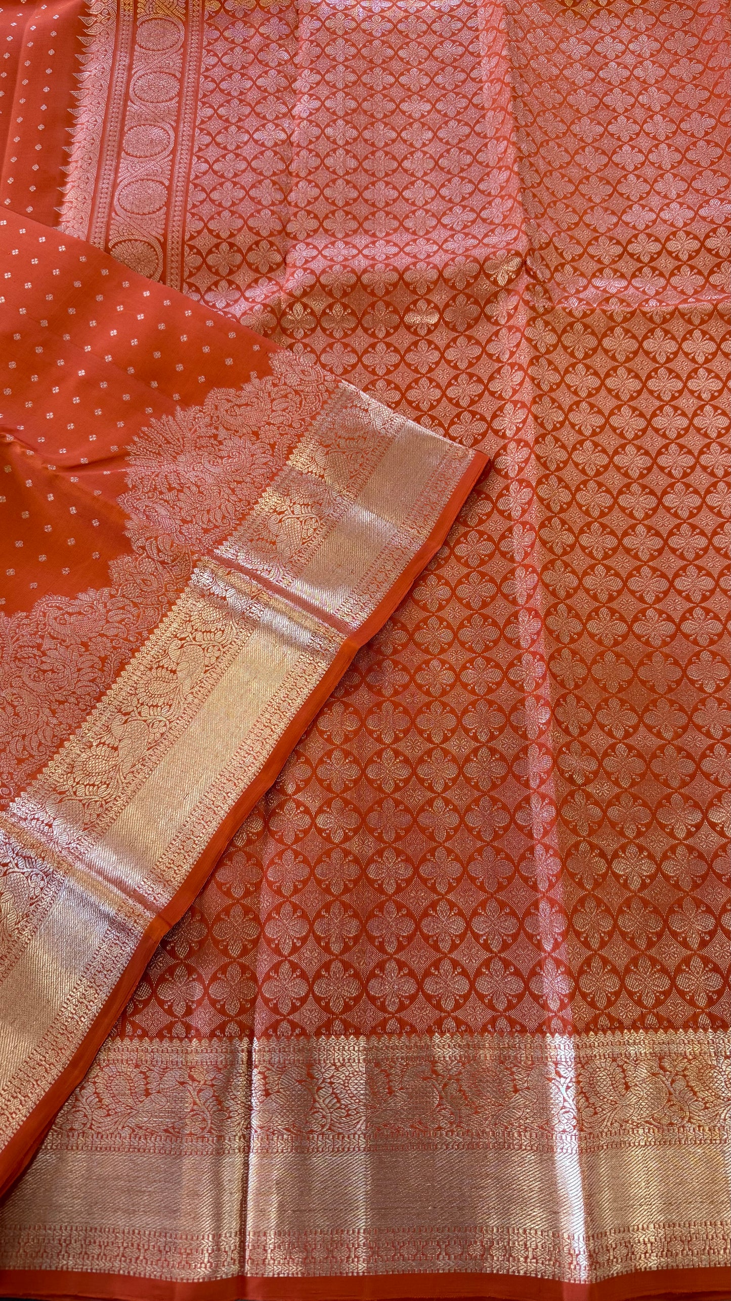 RUST ORANGE SELF CHAMPAGNE GOLD ZARI HANDLOOM KANCHIPURAM SILK SAREE (KSS91)