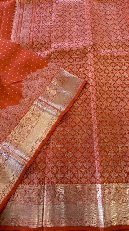 RUST ORANGE SELF CHAMPAGNE GOLD ZARI HANDLOOM KANCHIPURAM SILK SAREE (KSS91)