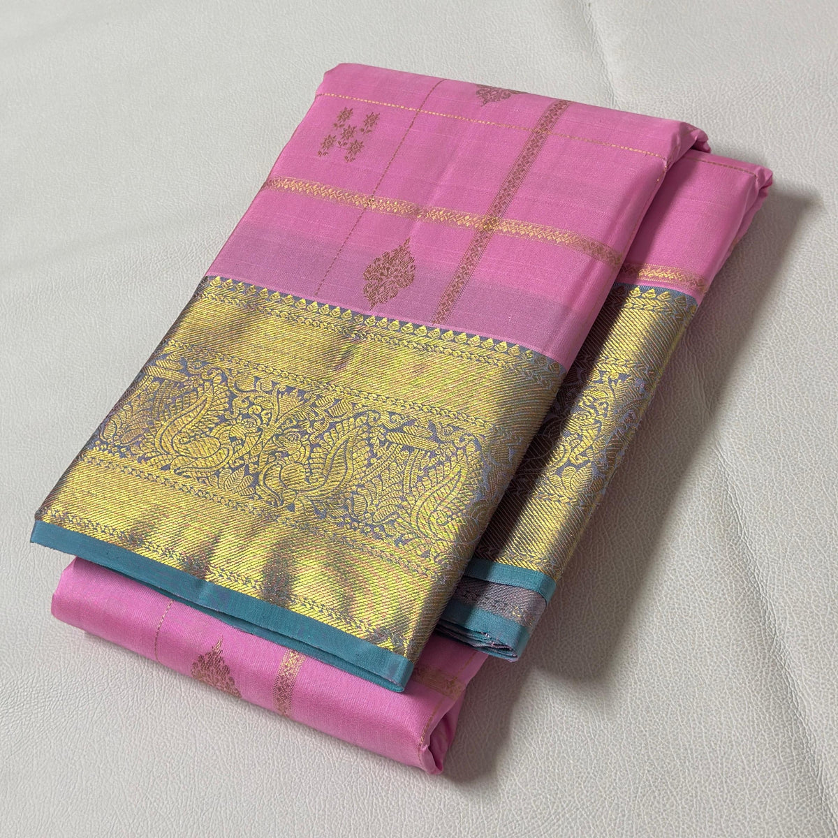 LIGHT ROSE PINK & DUAL TONE BLUE CHECKERED GOLD ZARI PURE KANCHIPURAM HANDLOOM SILK SAREE KSC 04